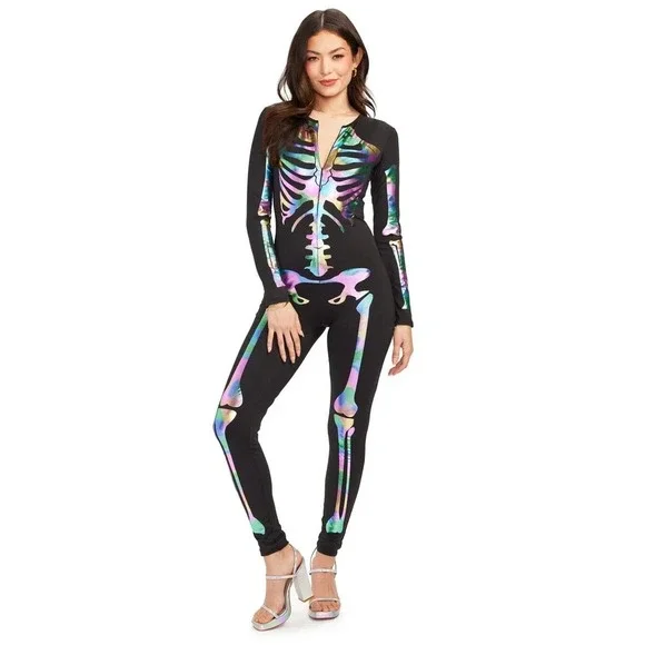 TIPSY ELVES ONE PIECE ZIP UP FITTED SKELETON JUMPSUIT Women's XS IREDESCENT - Picture 1 of 5